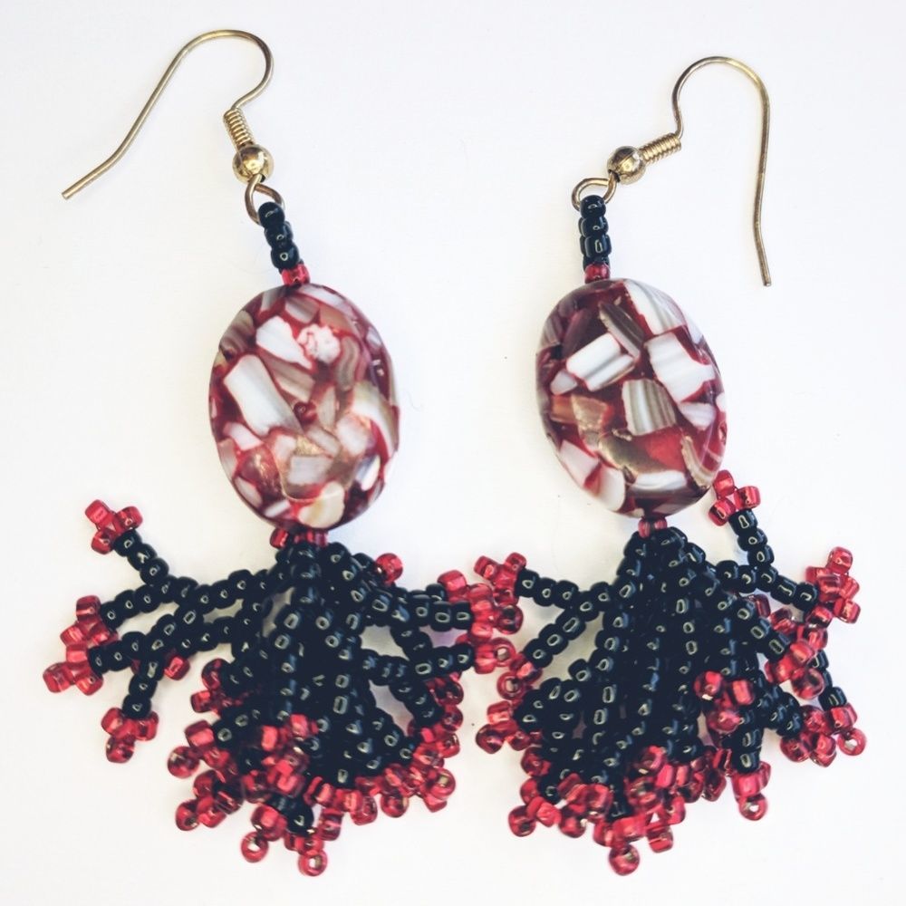 Mother of Pearl & beadwork dangle earrings
